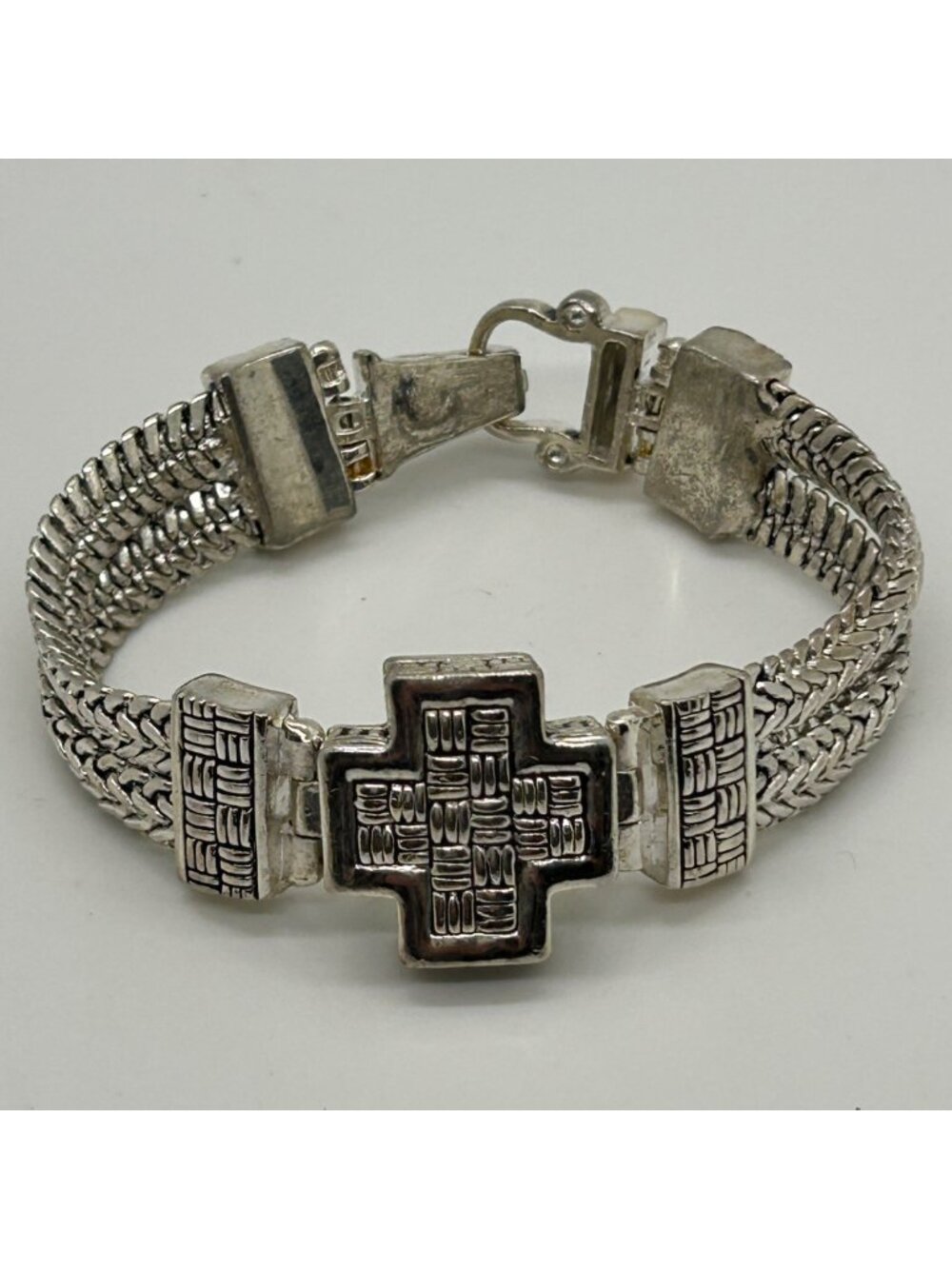 Vintage Byzantine Silver-Tone Bracelet Emboss Cross Woven Strand Magnetic Clasp